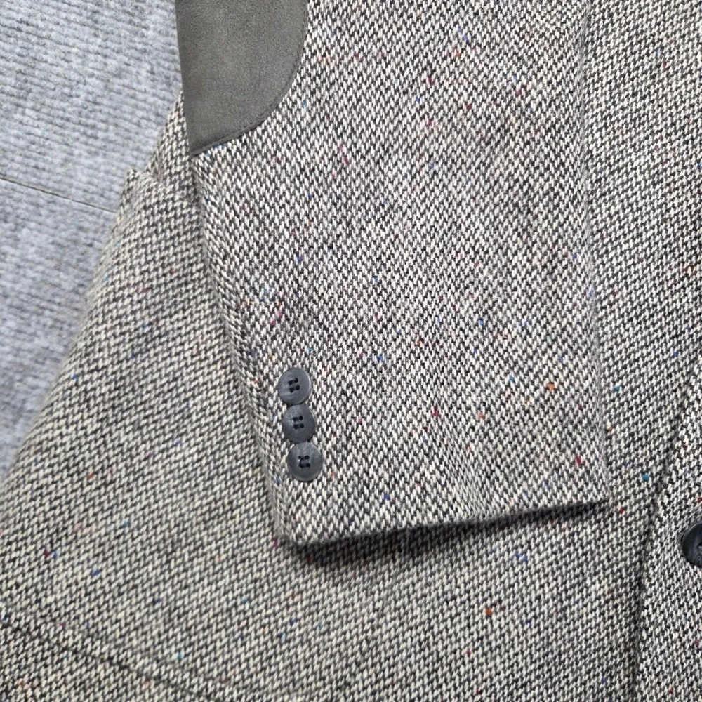 Haggar Gallery Mens Gray Wool Herringbone Blazer Elbow Patches Sport Coat 45R